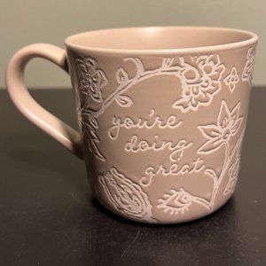 THRESHOLD “You’re Doing Great” Beige w/ Incised White Flowers Stoneware Mug